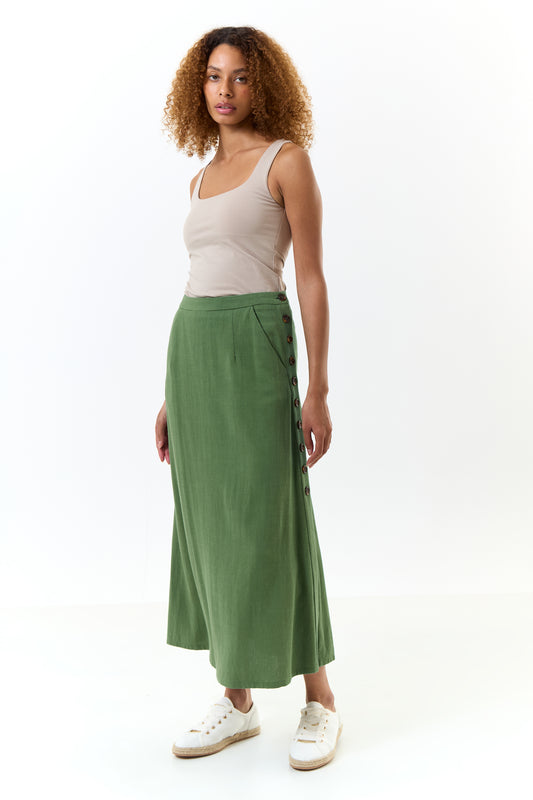 Lloyd Linen Mix Button Side Midi Skirt - Green