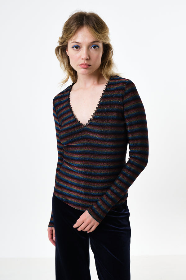 Maeko Sparkle Stripe V-Neck Top - Gold