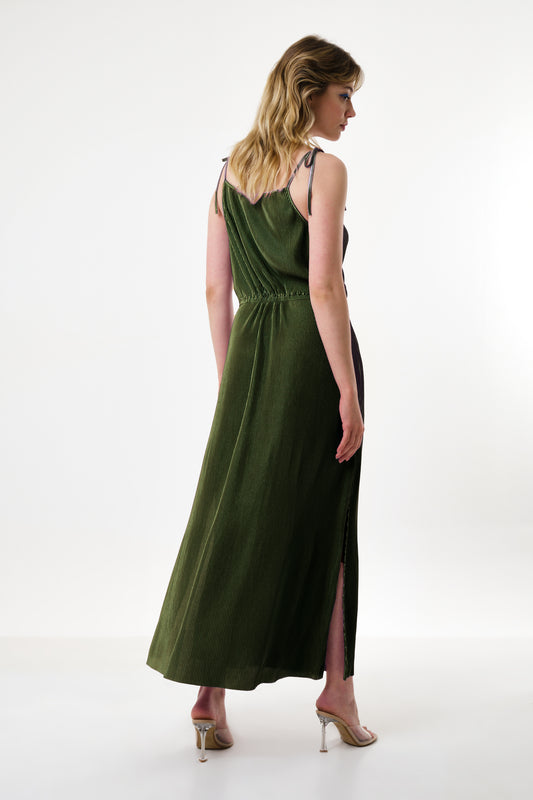 Mayra Pleat Sage Strappy Maxi Dress