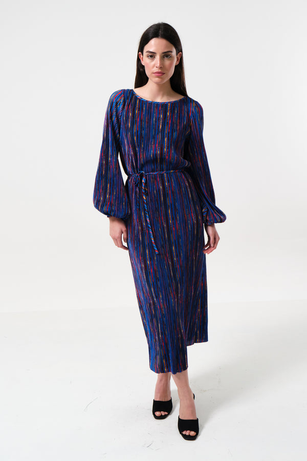 Milene Abstract Pleat Tie Waist Midi Dress