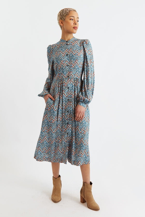 Nayma Art Attack Print Long Sleeve Midi Dress - Duck Egg