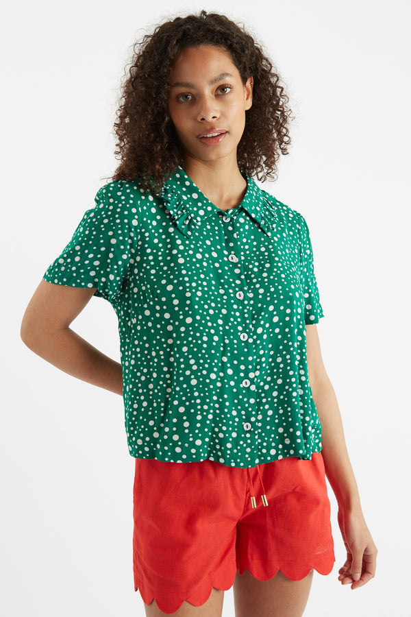 Louche Padma Spot It Print Ruffle Collar Short Sleeve Blouse Green