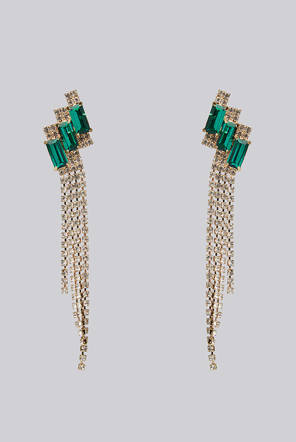 Padon Green Stone and Diamante Chain Earrings