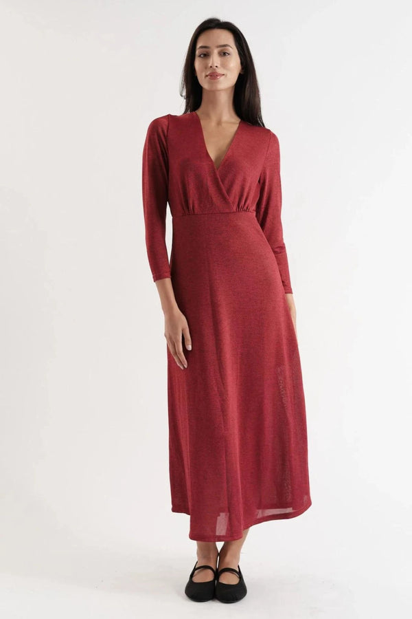 Sona Marl Faux Wrap Midi Dress in Red