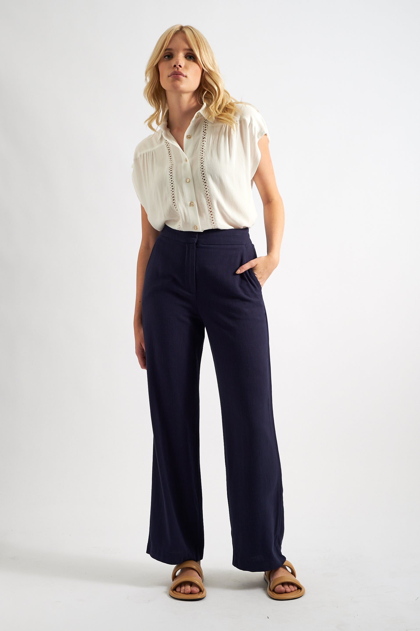 Tilde Linen Mix Straight Leg Trousers - Navy