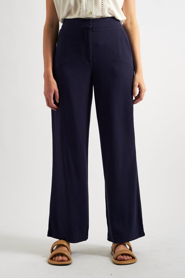 Tilde Linen Mix Straight Leg Trousers - Navy