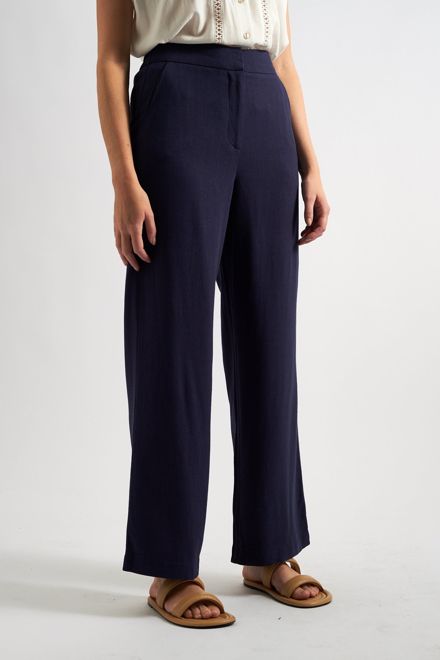 Tilde Linen Mix Straight Leg Trousers - Navy