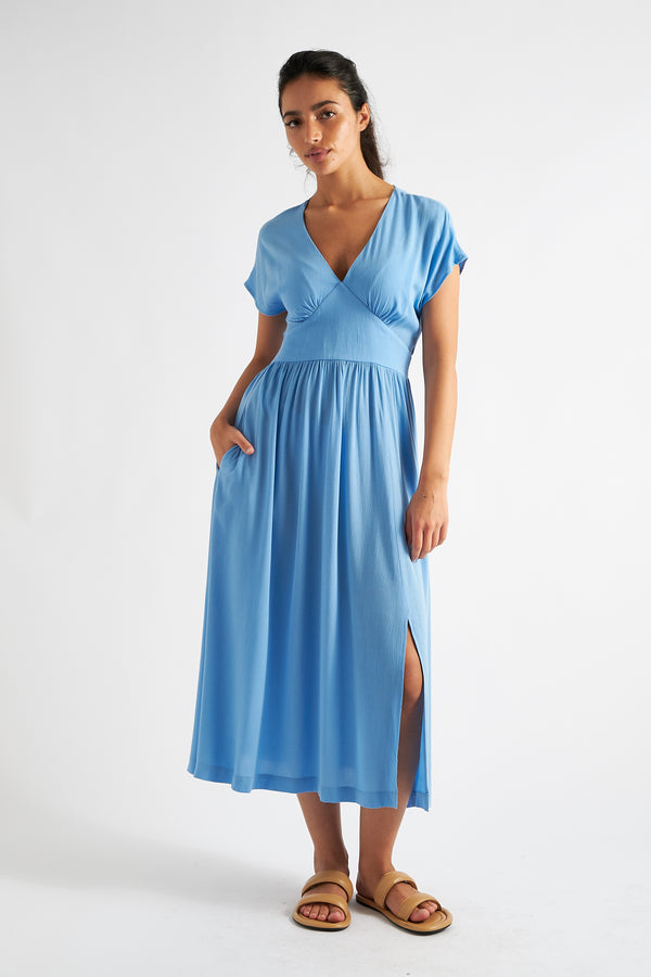 Unity Moss Crepe V-Neck Midi Dress - Blue