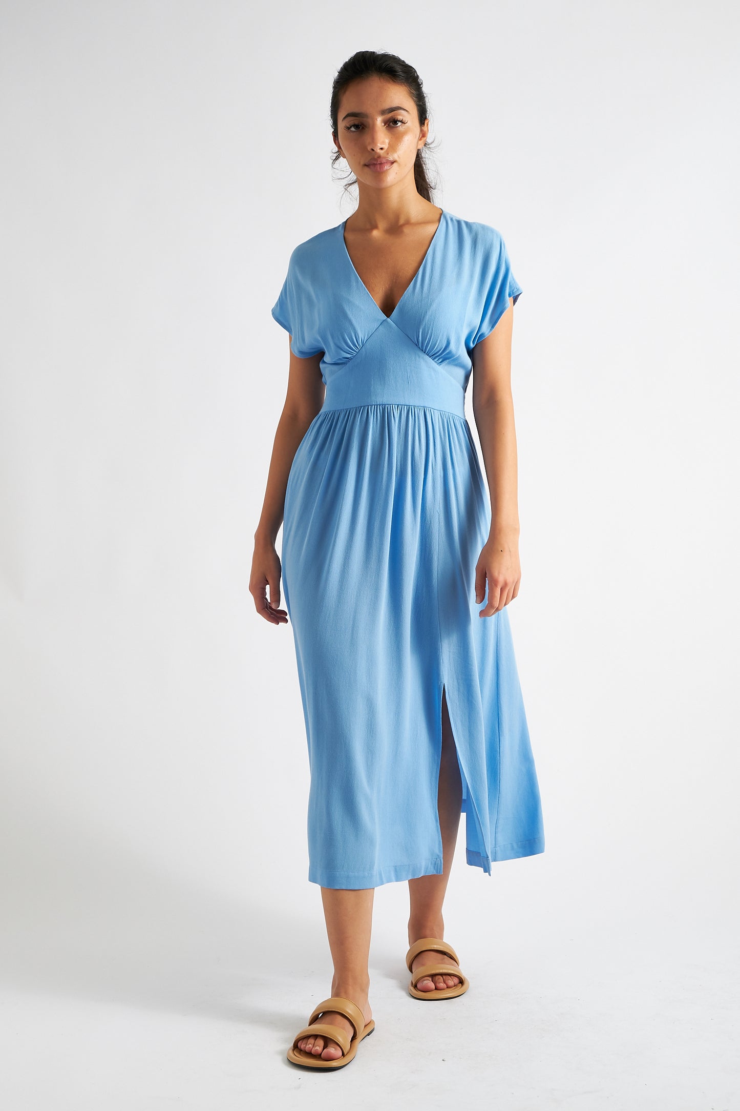 Unity Moss Crepe V-Neck Midi Dress - Blue