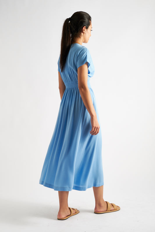 Unity Moss Crepe V-Neck Midi Dress - Blue
