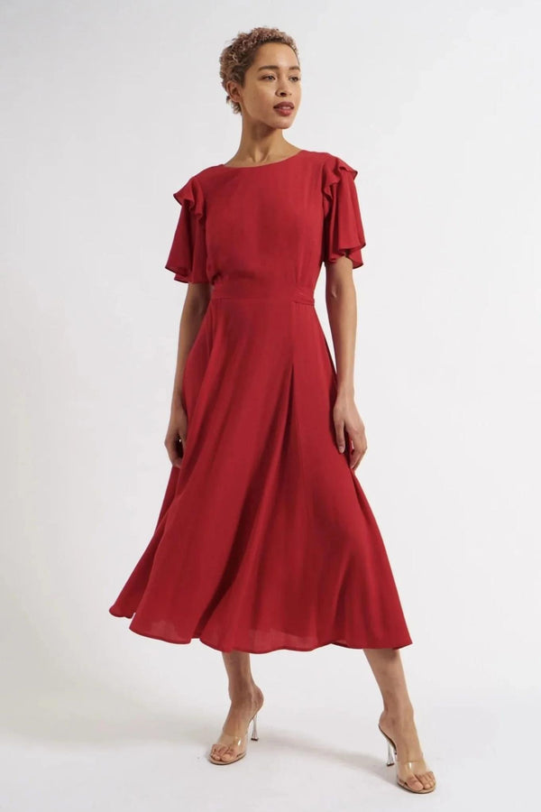 Katleen Crepe Flutter Sleeve Midi Dress - Red