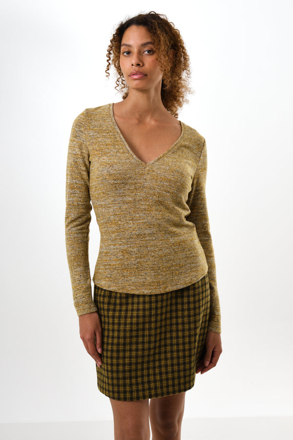 Vinita Soft Marl V-Neck Long Sleeve Top - Mustard