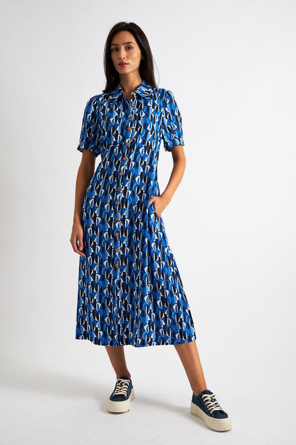 Wanda Mid Century Retro Print Midi Dress - Blue