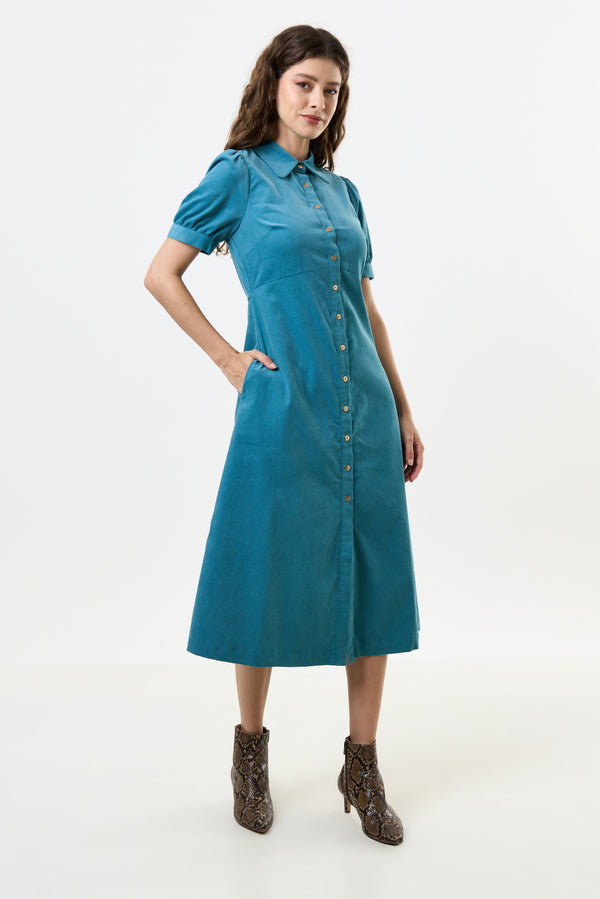 Wanda Lightweight Baby Cord Puff Sleeve Midi Dress - Teal