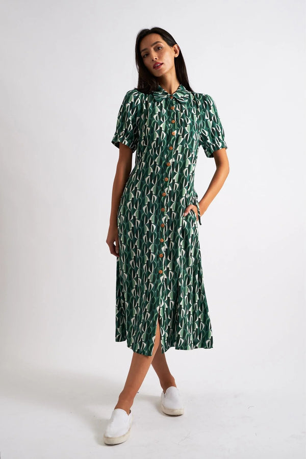 Wanda Mid Century Retro Print Midi Dress - Green