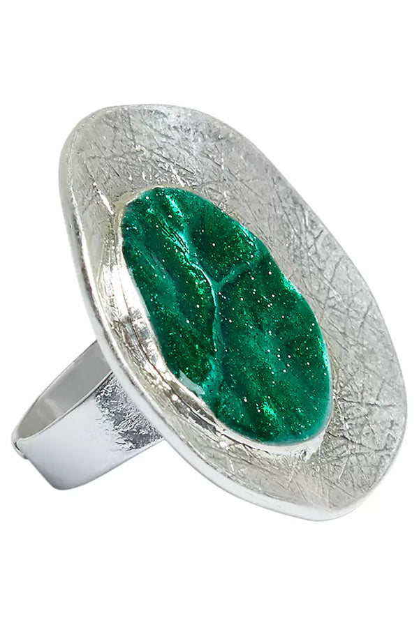 Cleo Green Enamelled Spot Silver Ring