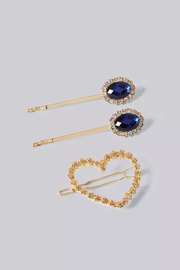 Kat Set Of 3 Gold and Blue Stone Hair Clips