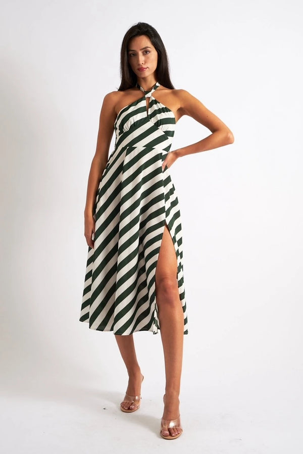 Geri Diagonal Lines Print Halter Midi Dress - Green