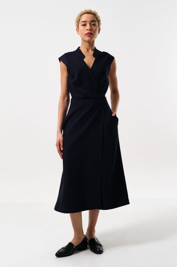 Urbain Satin Back Crepe Wrap Midi Dress - Navy