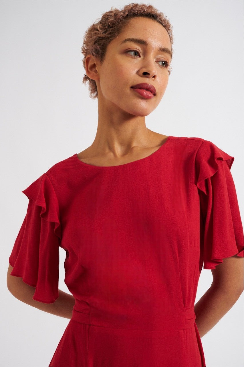 Katleen Crepe Flutter Sleeve Midi Dress - Red