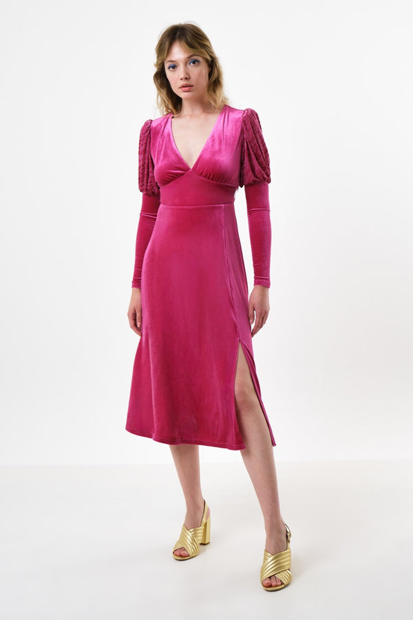 Moa Velvet V-Neck Midi Dress - Pink