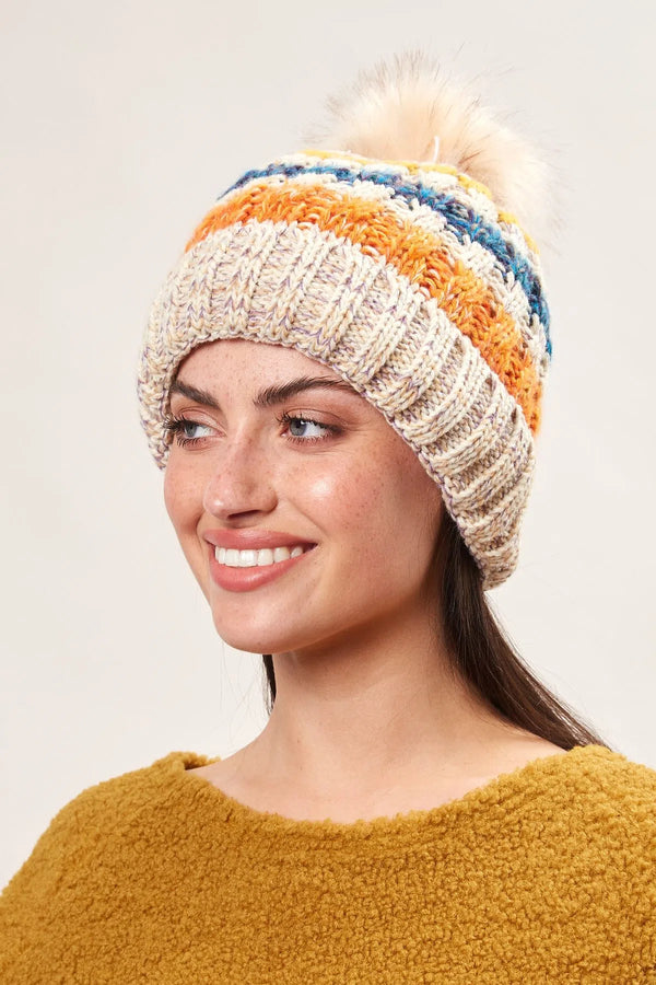 Louche Orla Striped Knitted Beanie With Faux Fur Bobble - White