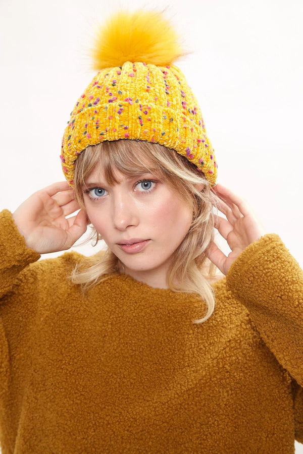 Louche Shannon Knitted Nep Beanie With Faux Fur Bobble - Mustard