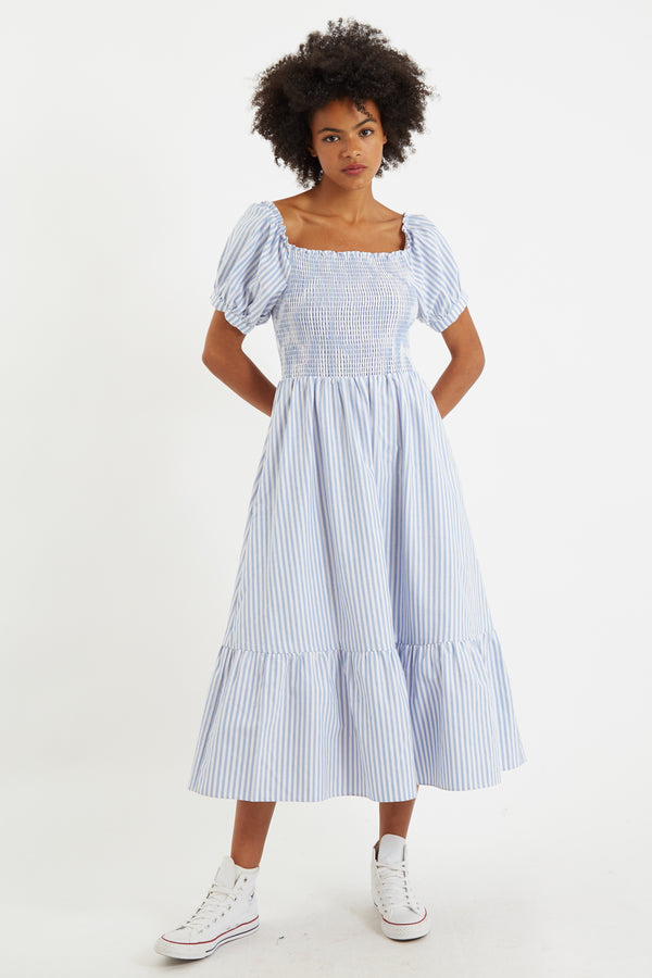 Babette Sail Stripe Shirred Bodice Midi Dress Blue