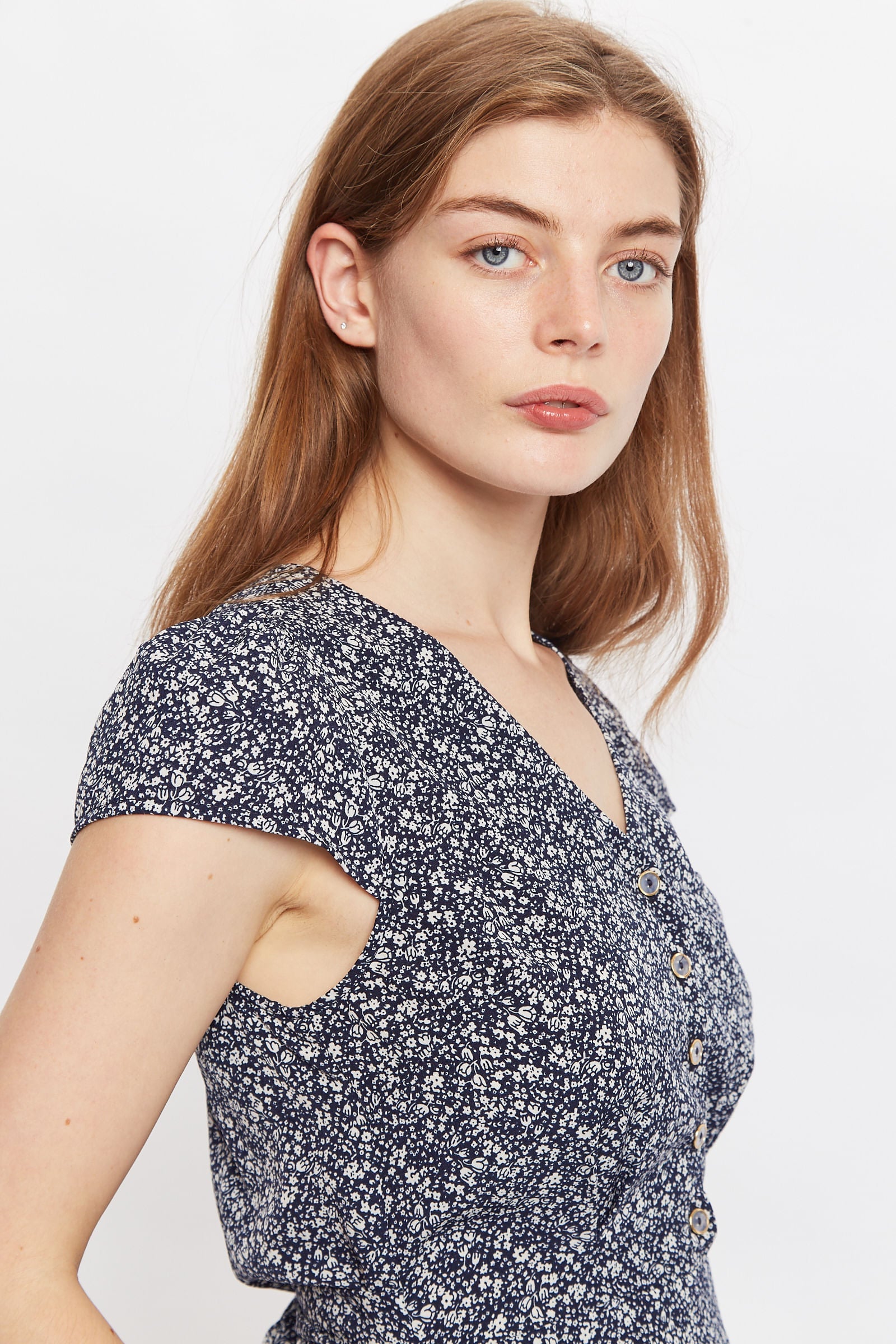 Louche Cathleen Micro Flower Print Mini Tea Dress Navy