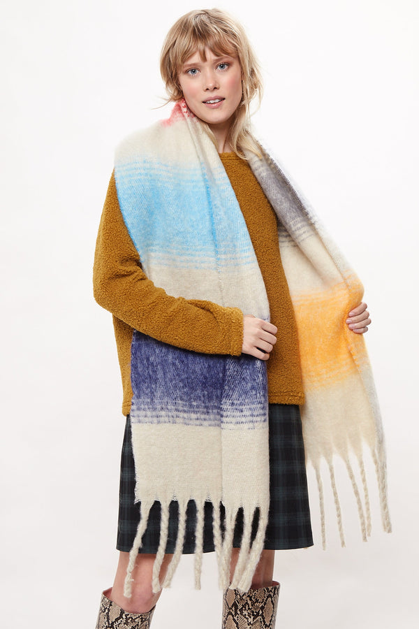 Louche Ciara Cosy Fluffy Striped Tassel Scarf - Beige