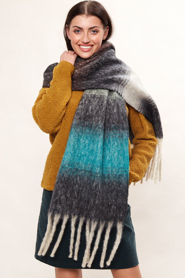 Louche Ciara Cosy Fluffy Striped Tassel Scarf - Navy