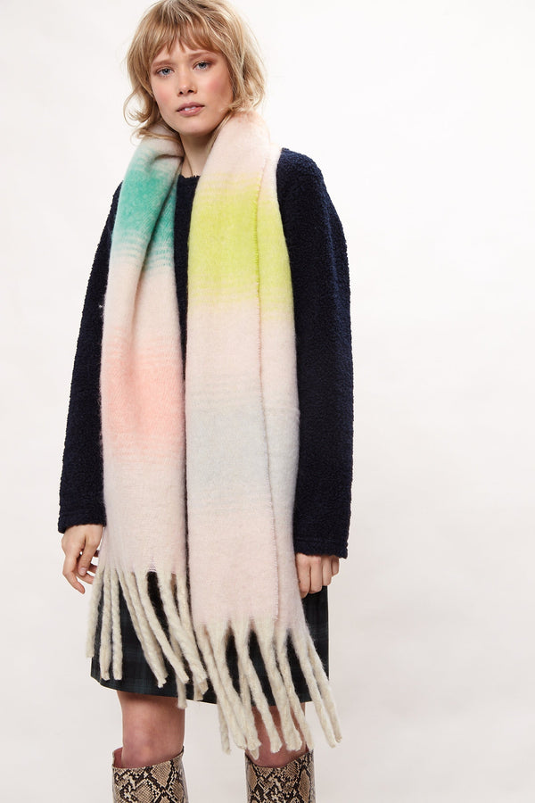 Louche Ciara Cosy Fluffy Striped Tassel Scarf - Pink