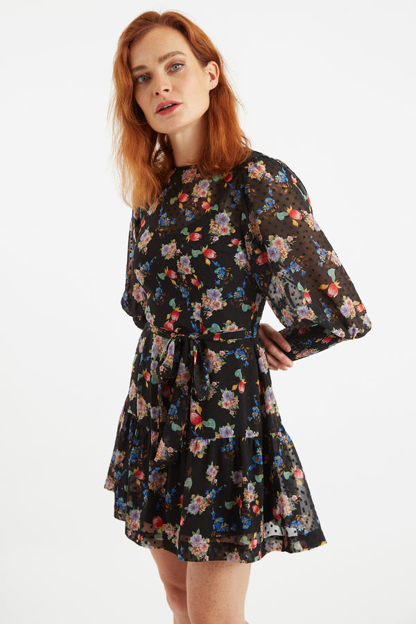 Louche Daphne Carpathian Florals Print Shirred Cuff Tie Waist Mini Dress