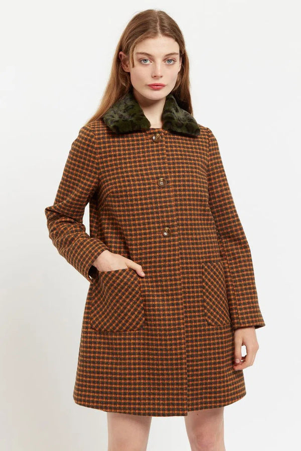 Dryden Cottage Check Faux Fur Collar A Line Coat