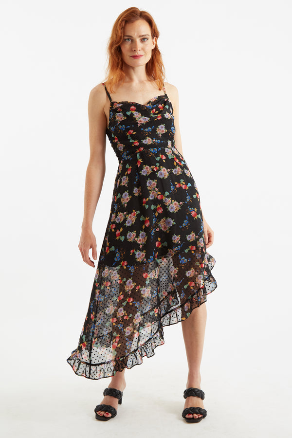 Louche Dina Carpathian Florals Print Asymmetric Strappy Midi Dress