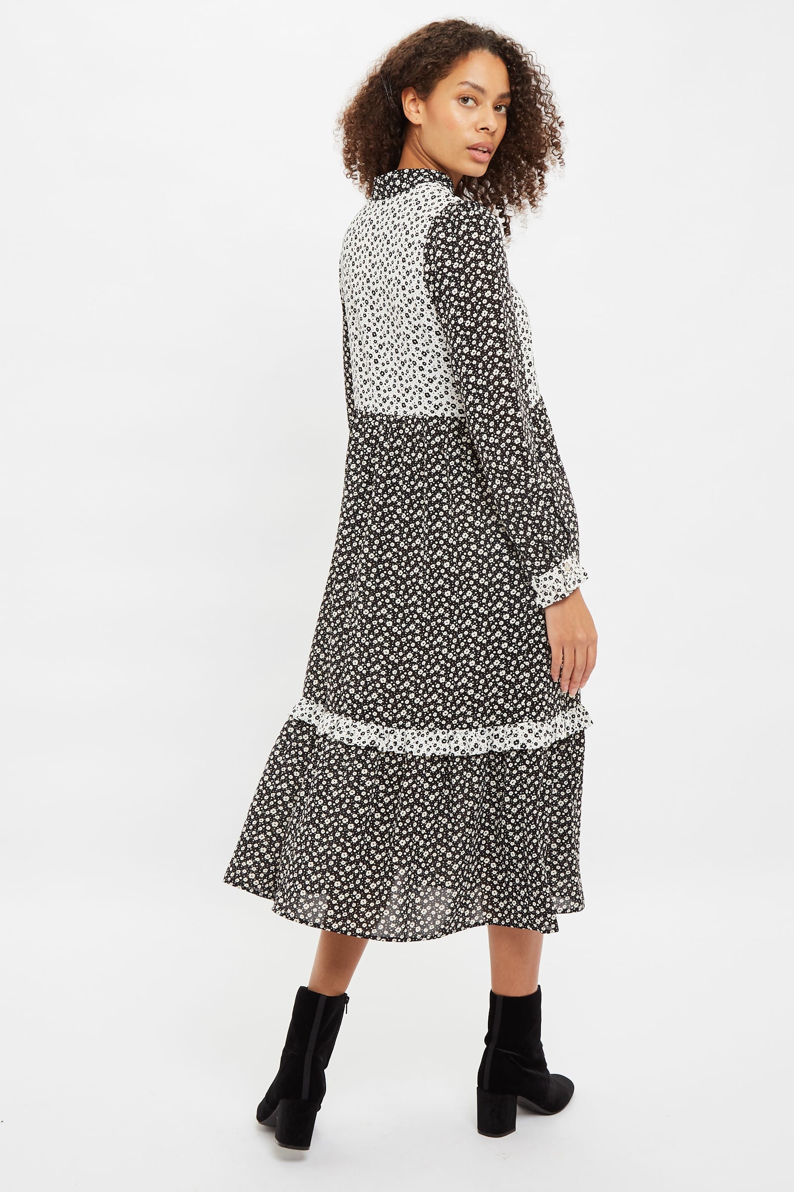 Louche Elsie Flower Spot Print Mix And Match Long Sleeve Tie Midi Dres