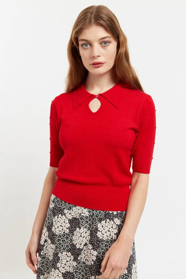 Louche Josephina Raindrops Textured Short Sleeve Collared Sweater Red