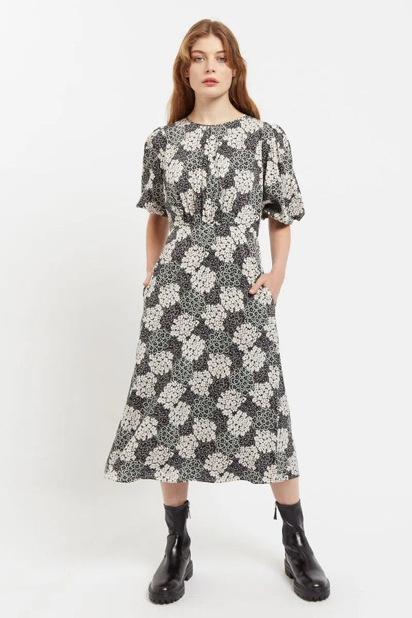 Leonore Flower Patch Balloon Sleeve Midi Dress in Black & White