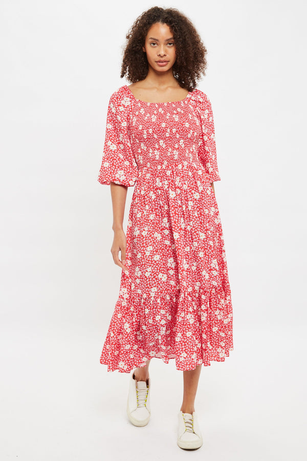 Louche Loe Roaring Daisy Print Shirred Bodice Midi Dress