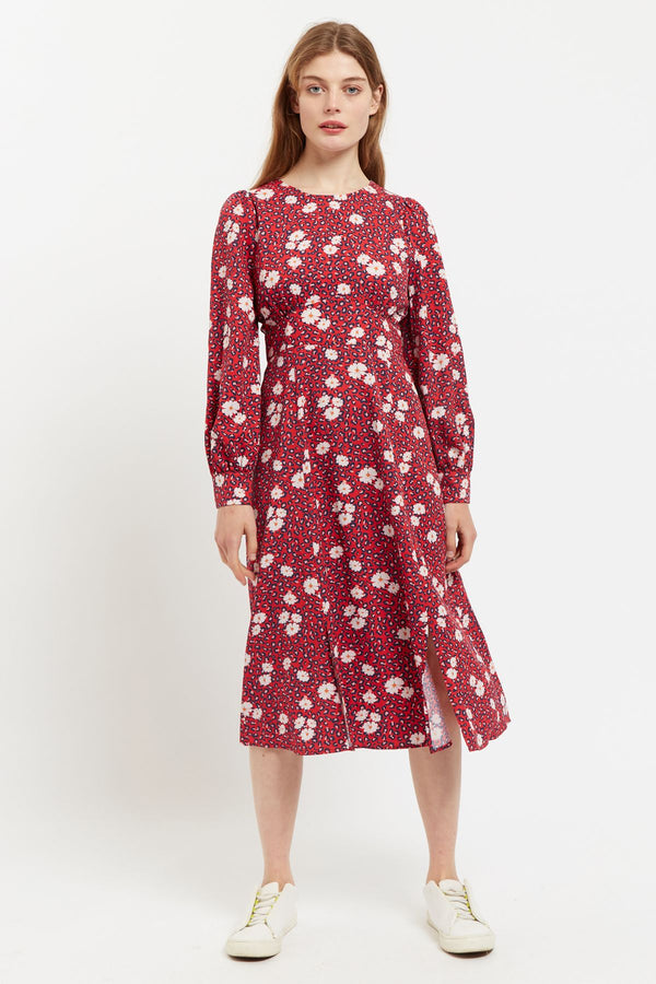 Louche Liv Roaring Daisy Print Long Sleeve Midi Dress Red