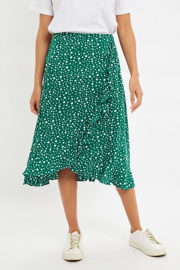 Louche Mara Spot It Print Ruffle Hem Wrap Midi Skirt Green