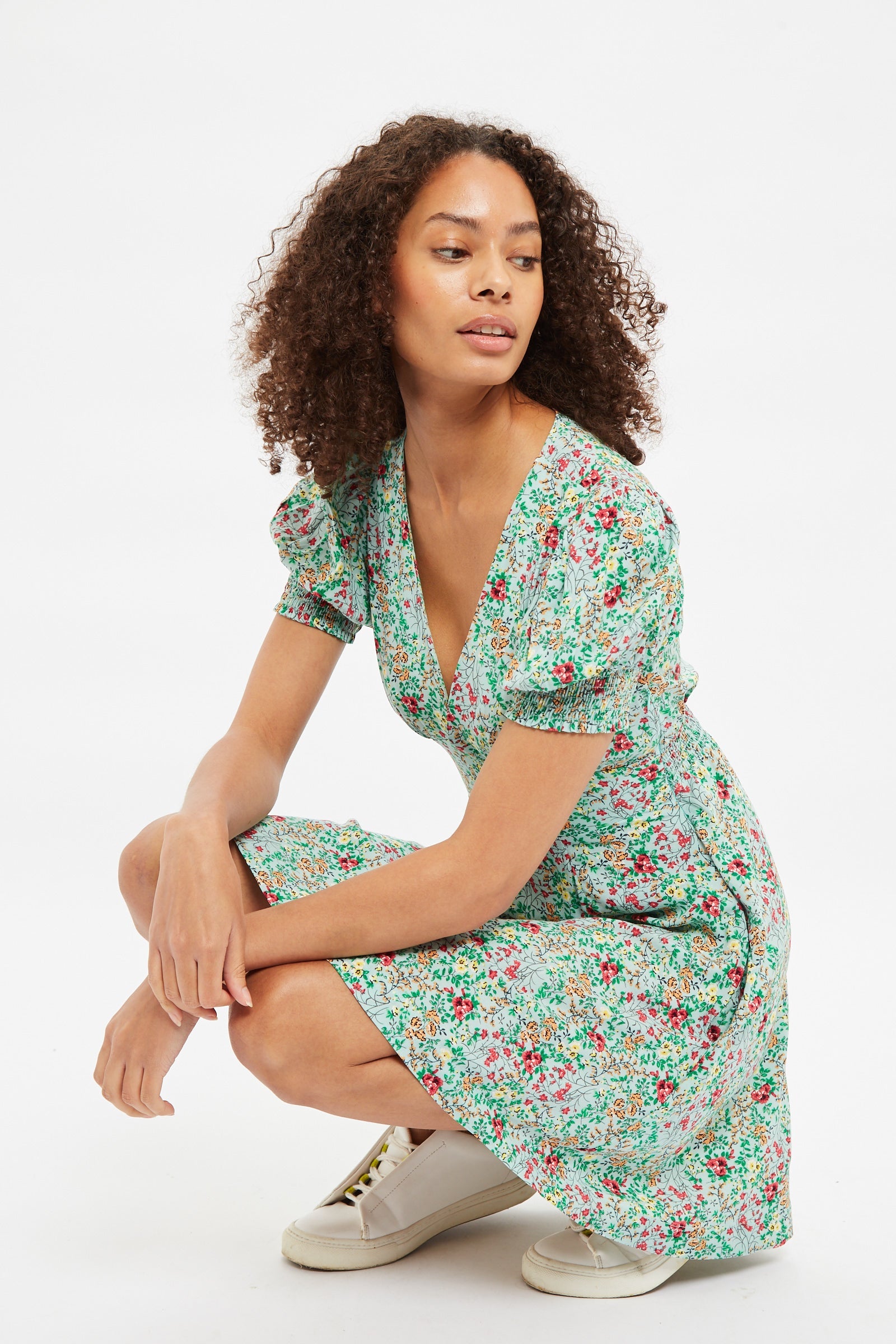 Louche Merle Flower Show Print V Neck Short Sleeve Tea Dress Green