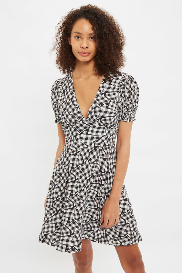 Louche Merle Gingham Twist Print V Neck Mini Tea Dress