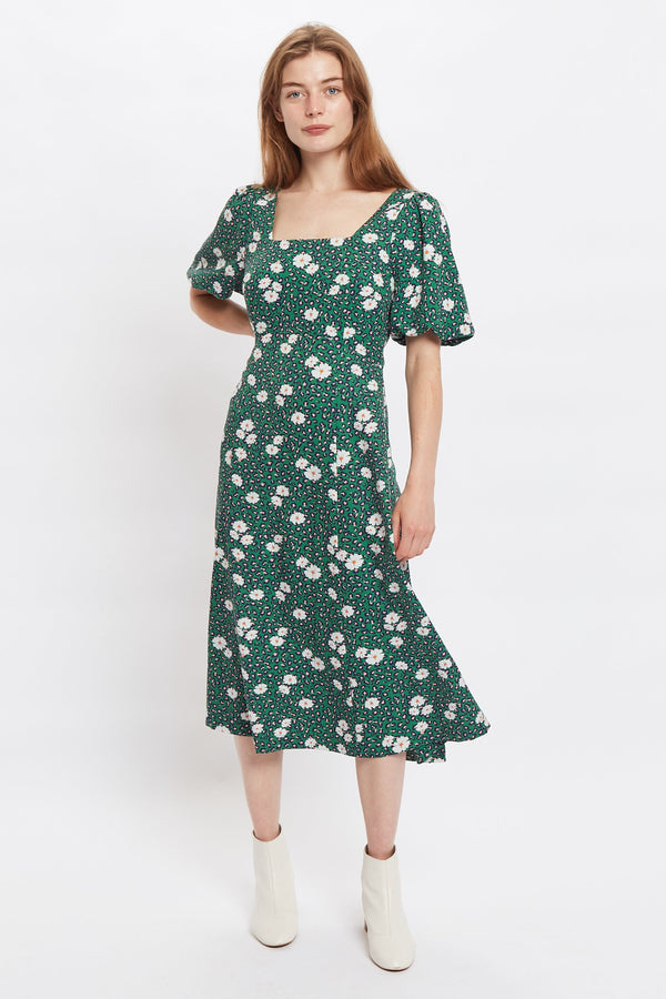 Louche Nadine Roaring Daisy Print Square Neck Balloon Sleeve Midi Dress - Green