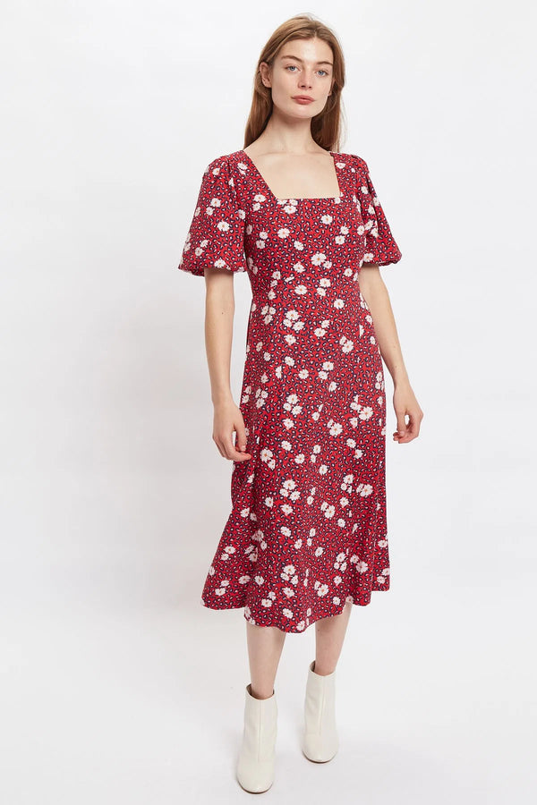 Louche Nadine Roaring Daisy Print Square Neck Balloon Sleeve Midi Dress Red