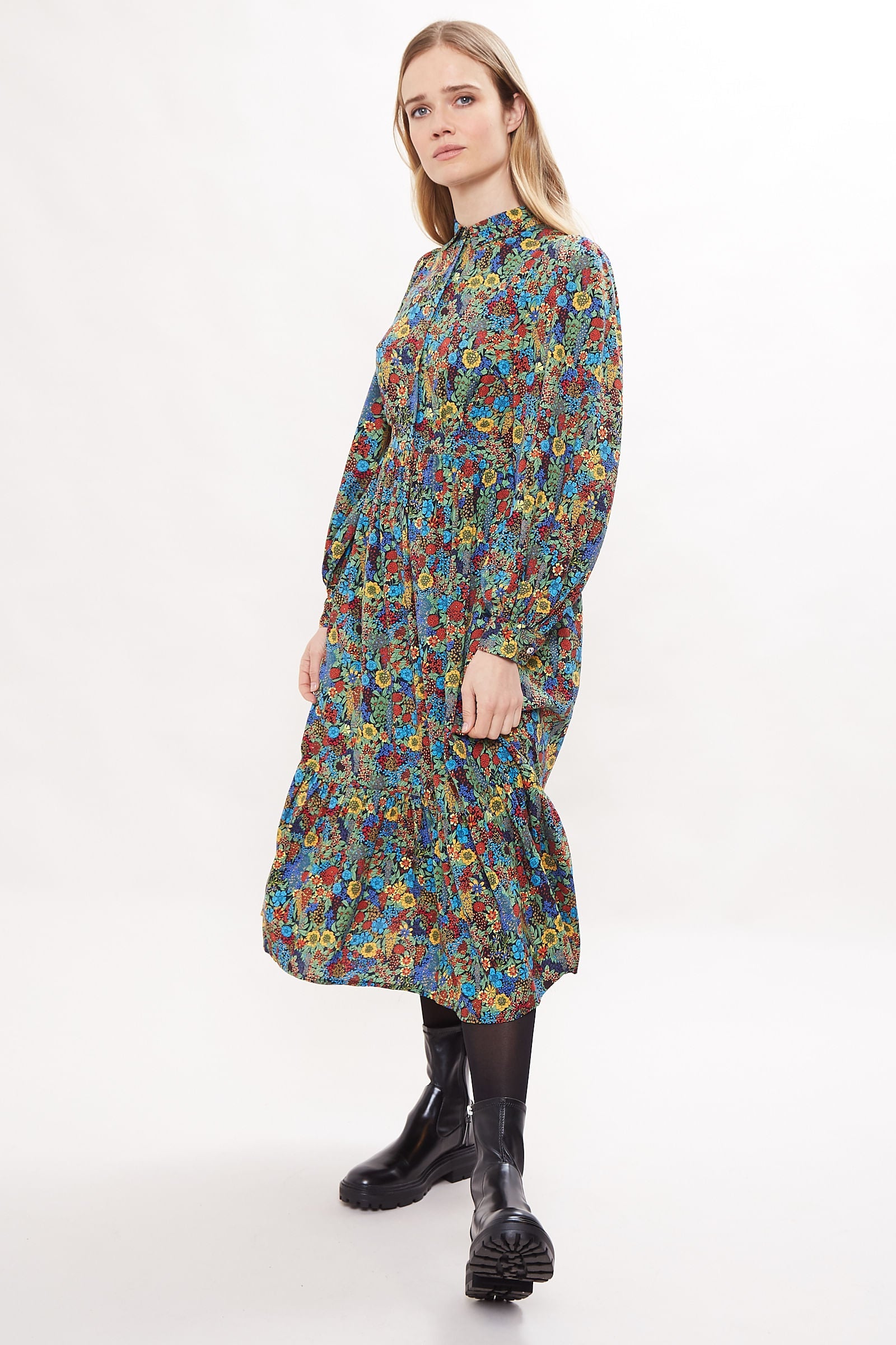 Louche Nathalia Floret Print Tiered Midi Shirt Dress