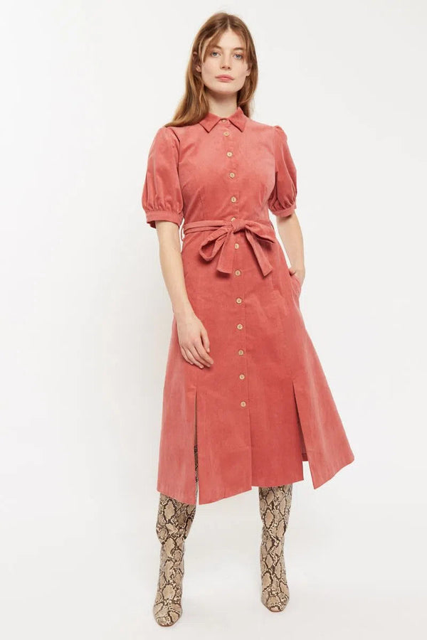 Louche Mollie Baby Cord Puff Sleeve Midi Shirtdress Blush Pink