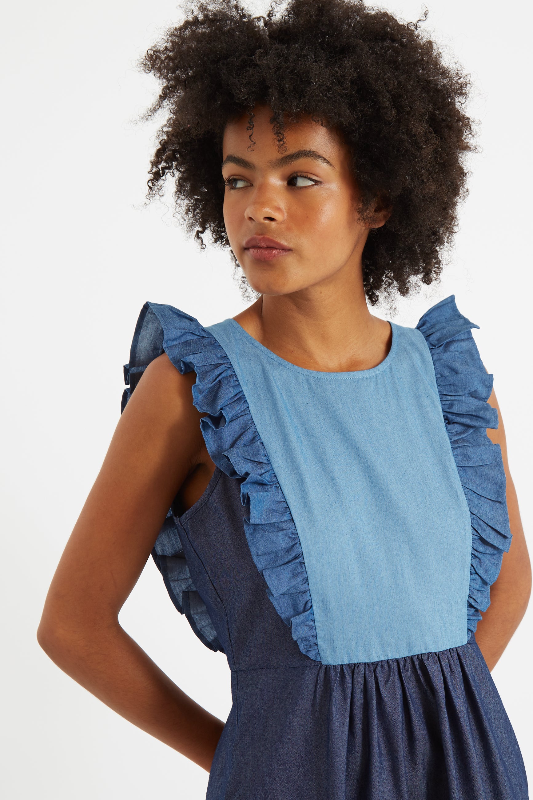 Denim dress with frill hotsell