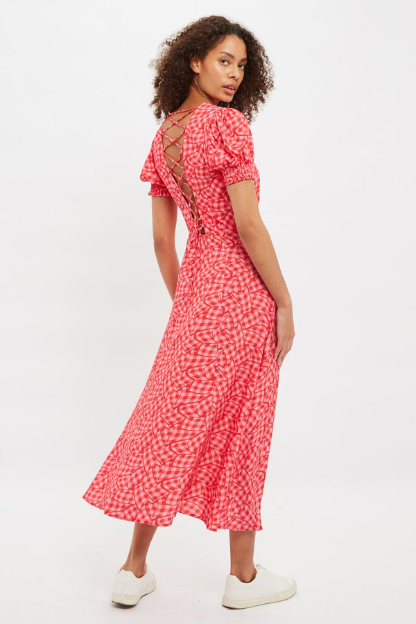 Louche Romola Gingham Twist Print Laced Back Short Sleeve Midi Dress