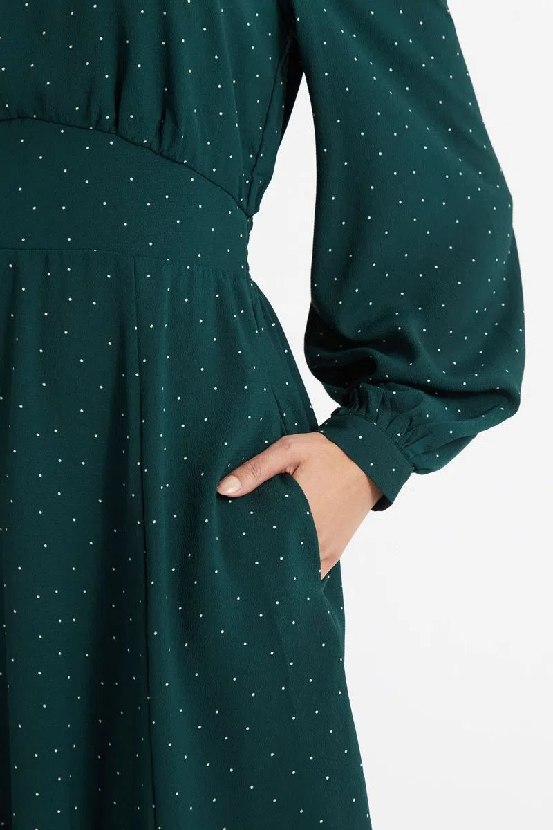 Louche Sorrel Micro Dot Long Sleeve Midi Dress in Green